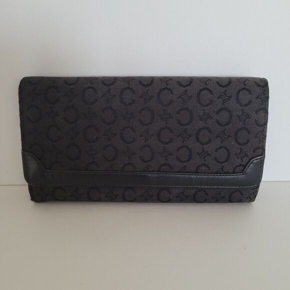 Celine Triumph Wallet Envelope Black Clutch Large Canvas Leather Designer Logo - Picture 1 of 12